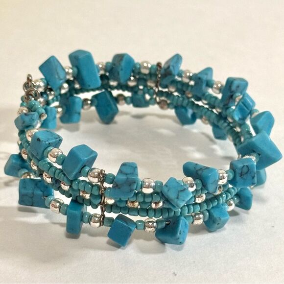 Turquoise Wide Chunky Multi-Strand Beaded Coiled Bangle Bracelet, Stretchy - Picture 5 of 9